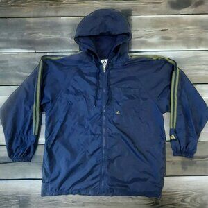 VTG Adidas Windbreaker Jacket Blue Olive 3 Stripes Track Rain Coat Full Zip Hood